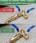 Heavy Duty Brass Garden Hose Female To Female Adapter For Leak Proof Connections, Double Female Three Quarter GHT Connector For Sprinklers, Irrigation, RV And Pool Use, Fits Most Hoses With Precision Threads; brass adapter shown before and after