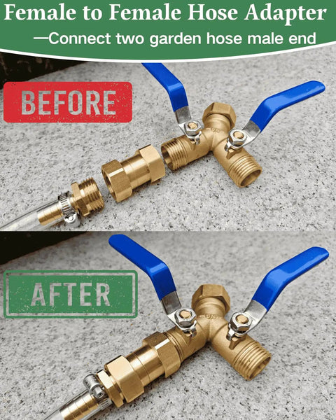 Heavy Duty Brass Garden Hose Female To Female Adapter For Leak Proof Connections, Double Female Three Quarter GHT Connector For Sprinklers, Irrigation, RV And Pool Use, Fits Most Hoses With Precision Threads; brass adapter shown before and after