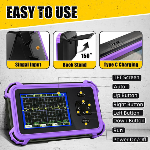 Handheld Portable Oscilloscope With 2.8 Inch TFT Display 1 MHz Bandwidth 8.33 Mega Samples Per Second Auto Normal Single Trigger Modes Includes MCX Probe Cable For Measurements Up To 40V Ideal For Home And Automotive Testing showing screen with waveform, buttons, and image labels