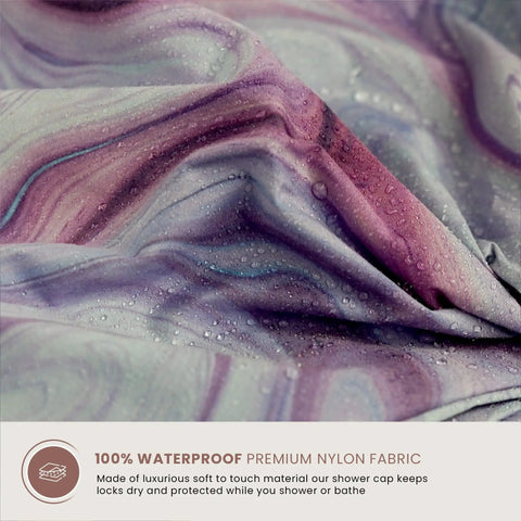 Close-up of marble pattern on soft, breathable Reusable Waterproof Shower Cap For Women with Nonslip Silicone Forehead Strip.