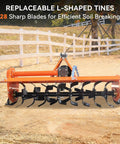Three Point Rotary Tiller Attachment For 20 To 30HP Tractors 53 Inch Working Width 4.7 Inch Deep PTO Driven At 540 RPM Lightweight Durable Farm Tiller For Yard Work Orange Finish with 28 sharp blades and replaceable L-shaped tines.