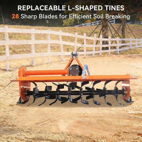 53 Inch Rotary Tiller Attachment For 3 Point Cat 1 Tractors, 540 RPM PTO Driven, heavy duty build, visible L-shaped tines