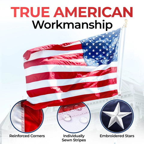 Heavy Duty Outdoor US Flag 3x5 Ft With Embroidered Stars Reinforced Material UV Protection Sewn Stripes Brass Grommets Displayed Outdoors