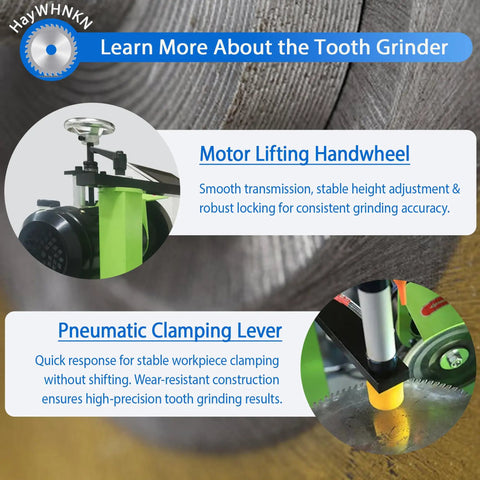 Heavy Duty Fully Automatic Circular Saw Blade Grinder For 100 To 800Mm Blades with motor lifting handwheel and pneumatic clamping lever.