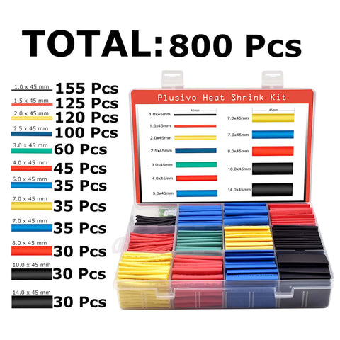 Heat Shrink Tubing Kit With 800 Pieces Two To One Ratio For Electrical Insulation And Wire Sleeve Wraps displayed in case