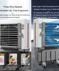 Portable Swamp Cooler With 100 Liter Water Tank And Three Wind Speeds To Beat The Scorching Heat showing three wind speed settings and air supply angles.