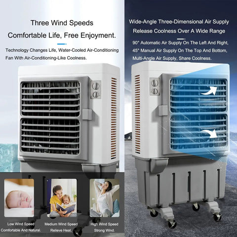 Portable Swamp Cooler With 100 Liter Water Tank And Three Wind Speeds To Beat The Scorching Heat showing three wind speed settings and air supply angles.