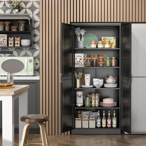 Beefy Black Metal Pantry Cabinet With Doors And Four Adjustable Shelves Tall Storage Cabinet With Two Gold Handles shown open in kitchen.