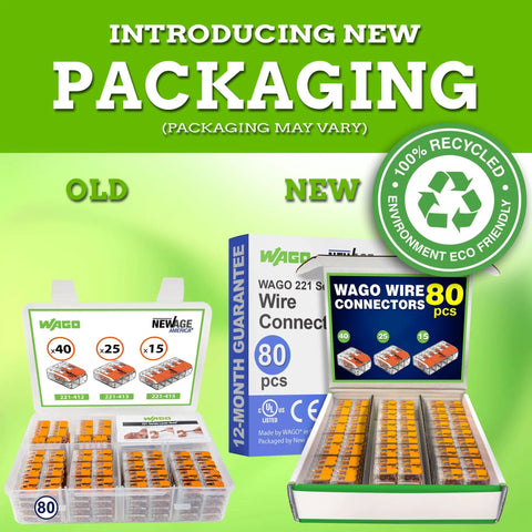 Old and new packaging comparison for 221 Series Compact Splicing Wire Connectors Kit, 80 pieces, shown in 100% recycled boxes.