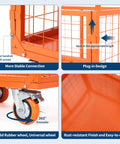 1800 Lbs Platform Truck Cart With Cage orange steel frame, 360° swivel wheel, rust-resistant finish, close-up details