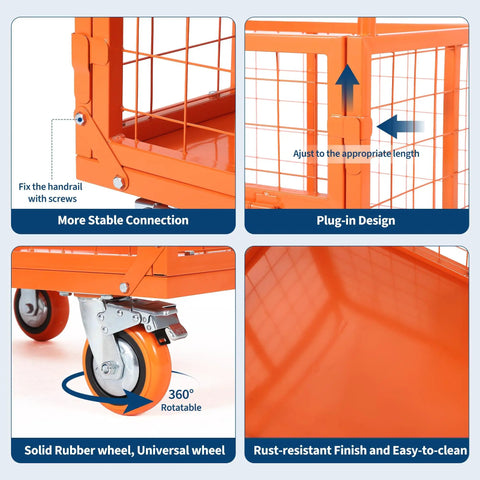 1800 Lbs Platform Truck Cart With Cage orange steel frame, 360° swivel wheel, rust-resistant finish, close-up details