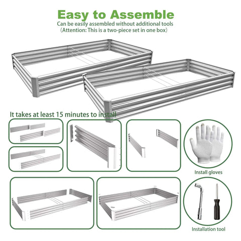 Two Pack 8x4x1ft Raised Garden Bed Kit Galvanized Metal Planter Boxes For Outdoors Ideal For Vegetables Flowers And Herbs With Easy Assembly And Durable Weatherproof Build components and tools overview.
