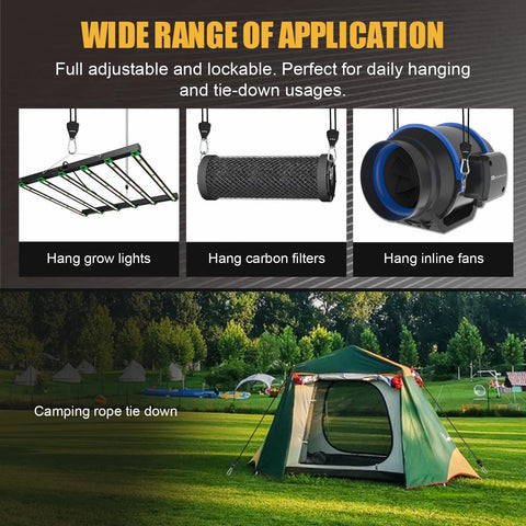 Adjustable Rope Hanger With Locking Ratchet Tie Down for Grow Lights and Ceiling Fixtures, showing tent setup
