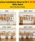 Modular Closet System With Nine Drawers And Eight Shelves For Walk In Rooms Includes Ten Hang Rods, showing various installation sizes 8-23.5FT.