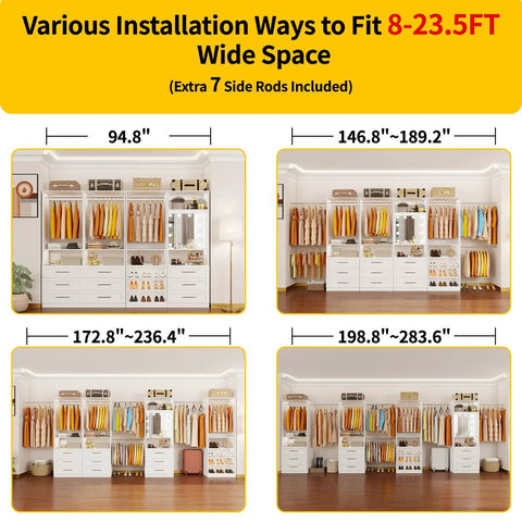 Modular Closet System With Nine Drawers And Eight Shelves For Walk In Rooms Includes Ten Hang Rods, showing various installation sizes 8-23.5FT.