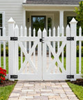 Self Closing Gate Hinge And Latch Kit For Wooden And Vinyl Fence Gates, Easy Install, Durable Weatherproof Self Locking Gate Latch, Fits Outdoor Fences Like Pool Gates And Barn Doors, Smooth Quiet Operation on white vinyl fence gate