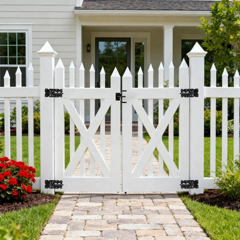 Self Closing Gate Hinge And Latch Kit For Wooden And Vinyl Fence Gates, Easy Install, Durable Weatherproof Self Locking Gate Latch, Fits Outdoor Fences Like Pool Gates And Barn Doors, Smooth Quiet Operation on white vinyl fence gate