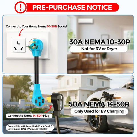 Tesla Compatible NEMA 10-30P To 14-50R EV Charger Adapter Cord For Level 2 Charging, 30 Amp Dryer Plug To 50 Amp EV