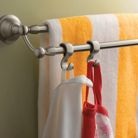 Spot Resist Brushed Nickel Sage Collection 24 Inch Double Towel Bar with towels and hooks, wall-mounted bathroom hanger.