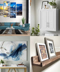 Living room with art and floating shelves, focus on Heavy Duty Mirror Hanging Kit With French Cleat And Z Clips, Seventeen And Three Quarter Inch Beefy Wall Hangers That Support Up To 120 Lbs, Includes All Hardware, Aircraft Grade Aluminum Mounts For Non Plumb Walls, Ideal For Headboards And Frames