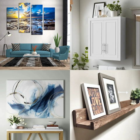 Living room with art and floating shelves, focus on Heavy Duty Mirror Hanging Kit With French Cleat And Z Clips, Seventeen And Three Quarter Inch Beefy Wall Hangers That Support Up To 120 Lbs, Includes All Hardware, Aircraft Grade Aluminum Mounts For Non Plumb Walls, Ideal For Headboards And Frames