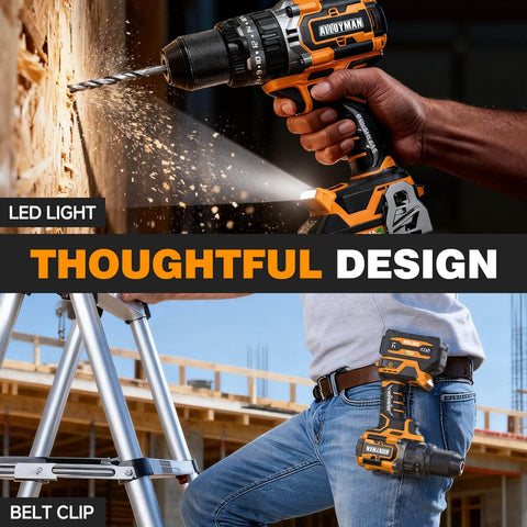 Go-To 20V Max Cordless Hammer Drill with 620 in-lb torque, on belt clip, showing LED light feature in use on wood.