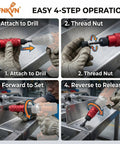 Four-step process using the Rivet Nut Drill Adapter Kit Three Eighths Inch Power Setter for quick and secure installations.