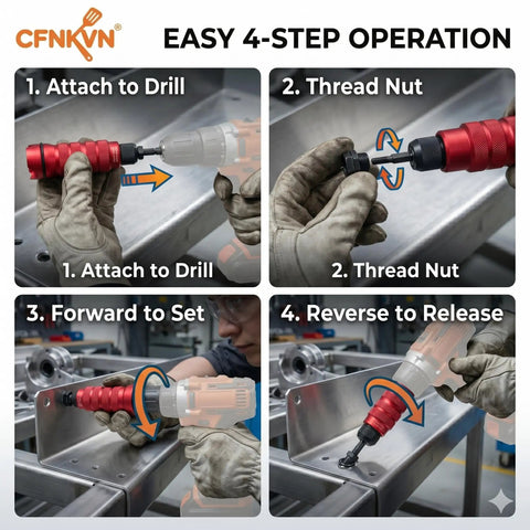 Four-step process using the Rivet Nut Drill Adapter Kit Three Eighths Inch Power Setter for quick and secure installations.