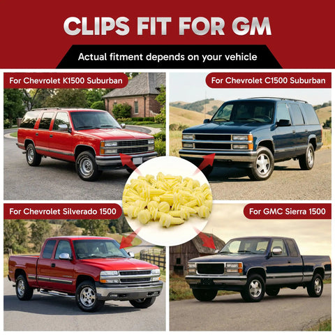 Heavy Duty Door Panel Retainer Clip Grommets For GM Truck displayed on various Chevrolet models with replacement clips.