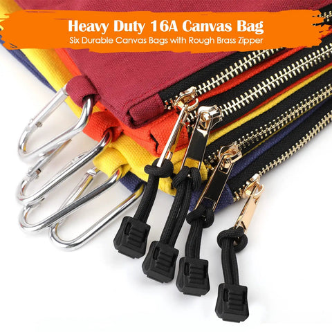 Heavy Duty Canvas Tool Pouches Set With Zipper Bags And Carabiners, 12x7 Inch Multipurpose Utility Organizer Bags, 6 Pack