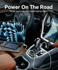 Beast Mode 120W Dual Port Car Charger With 100W PD3.0 Type C Fast Charging Socket And 20W USB A Outlet in car charging a laptop and phone.