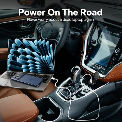 Beast Mode 120W Dual Port Car Charger With 100W PD3.0 Type C Fast Charging Socket And 20W USB A Outlet in car charging a laptop and phone.