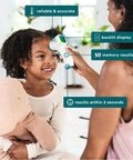 Non Contact Infrared Forehead Thermometer With 2 Second Readings Clinically Proven Fast And Accurate High Fever Alert 4 In 1 For Body Food Liquid And Room Temperature With Digital Backlit Display used on child