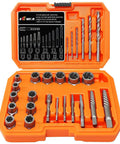 Open case of 25 Piece Screw And Bolt Extractor Set With Left Hand Drill Bit Included For Removing Damaged Stripped Bolts Screws Nuts Studs And Fittings Pro Grade Multi Spline Easy Out Tools Built From High Hardness Chromium Molybdenum Steel For Maximum Grip