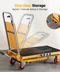 CAMMOO foldable hydraulic lift table cart, front view, yellow frame with black non-slip pad.