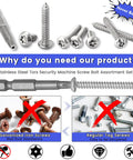 Beefed Up 214 Piece Button Head Torx Security Screws Kit With Stainless Steel Self Tapping Sheet Metal Fasteners In Size Eight And Ten Plus Included Security Bits For No Sweat Tough Renovation Projects, showing assorted fasteners and driver bits.