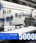 2Ft LED Shop Light Strip 20W 3000LM 5000K Daylight T8 Fixture with clear cover installed in workshop on pegboard wall