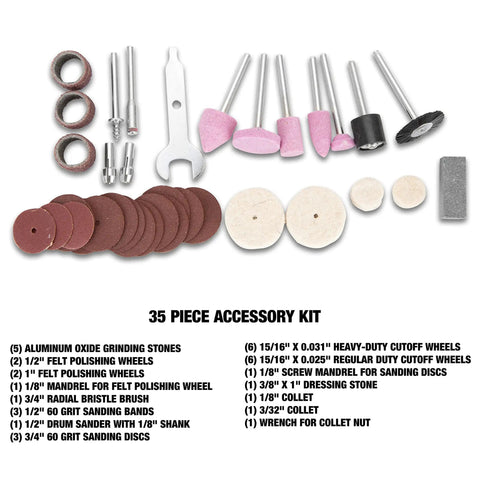 35 piece accessory kit for Badass Heavy Duty Corded Rotary Tool with polishing and sanding tools for DIY projects.