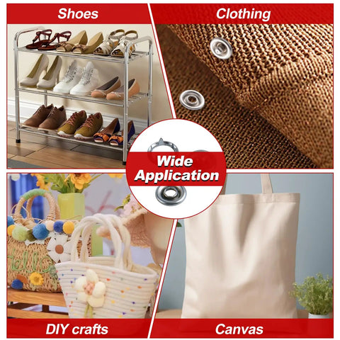 Collage displaying DIY Grommet Eyelet Snap Kit With Pliers And Storage Box 200 Sets 10mm Stainless Steel Fabric Snaps used on shoes, clothing, DIY crafts, and canvas.