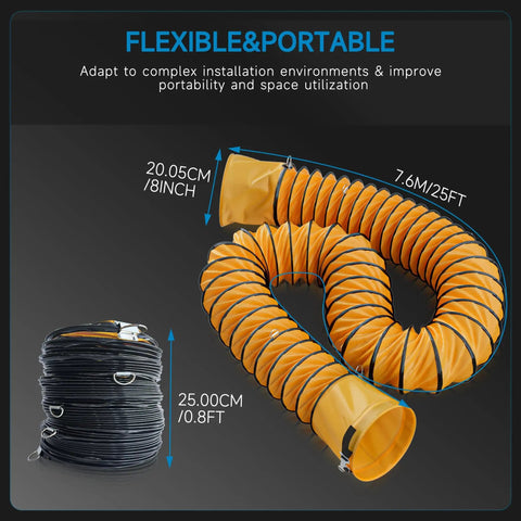 8 Inch PVC Flexible Duct With 25 Feet Length Adjustable Rope And D Shaped Rings For Easy Free Hanging And Utility Blower