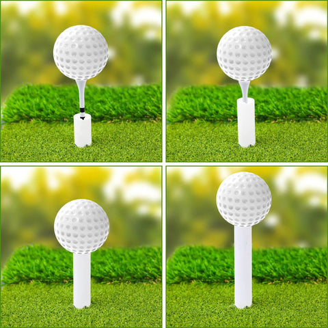 Premium Rubber Golf Tees For Mats And Driving Range 12 Piece Set Includes Six Rubber Tees In 1.5 2 2.5 2.75 3 3.25 Inches Plus Six Bamboo 3.25 Inch Tees Durable Simulator Ready For Outdoor Practice displayed on grass mat