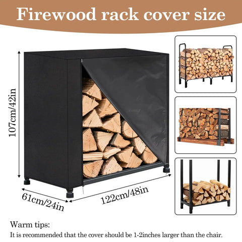 4ft Firewood Rack Cover Waterproof 420D Oxford Outdoor Storage With Zipper Drawstring And Windproof Straps All Weather Log Holder Cover For Dry Dust Free Wood And Rack Ready To Go dimension image with cover partially open showing firewood.