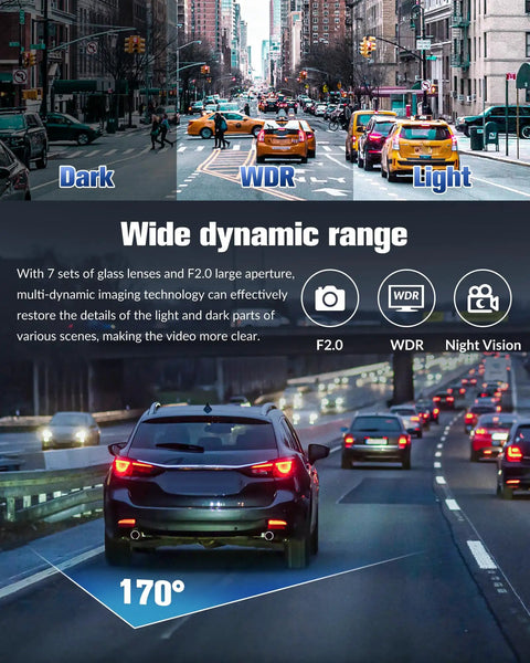 4K Front And 1080P Rear 3 Channel Dash Cam For Your Ride With 32GB Card showing wide dynamic range on city road