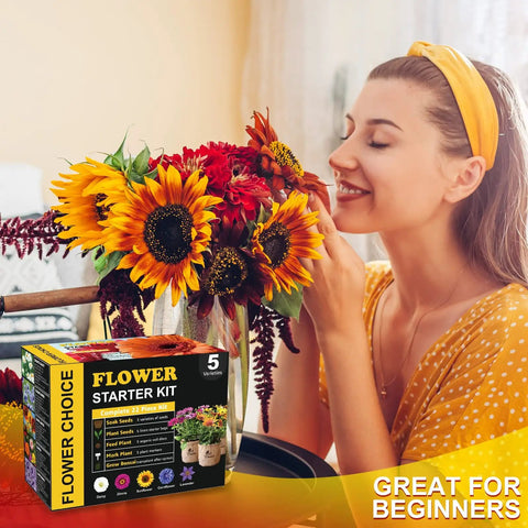 Woman enjoying flowers with Indoor Daisy Garden Starter Kit With Planter Bags, Markers, Soil Disks, Mini Shears, And Planting Guide box