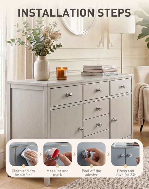 Installation steps for Six Pack Peel And Stick Cabinet Knobs With Adhesive Silver Plastic Drawer Handles shown on a dresser