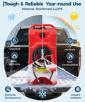 16 Gallon Rolling Gas Caddy With 10 Ft Manual Siphon Pump Hella Durable HDPE Fuel Tank on truck bed, showing snow and features.