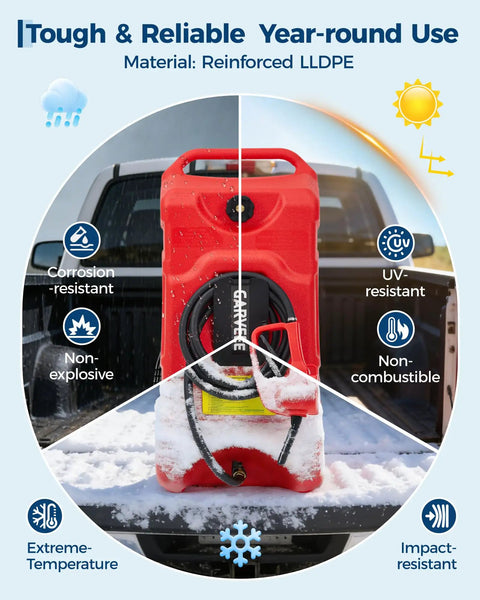 16 Gallon Rolling Gas Caddy With 10 Ft Manual Siphon Pump Hella Durable HDPE Fuel Tank on truck bed, showing snow and features.