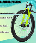 Close-up of yellow front fork and disc brake on 24 Inch Kids Mountain Bike with Front Suspension, designed for safe riding.