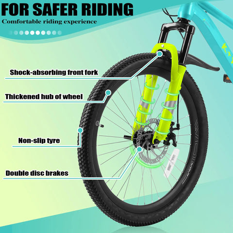 Close-up of yellow front fork and disc brake on 24 Inch Kids Mountain Bike with Front Suspension, designed for safe riding.