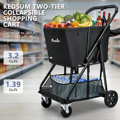 Heavy Duty Grocery Cart On Wheels With Seven Inch Dual Bearing Rubber Wheels And 360 Degree Swivel Brakes in store with groceries